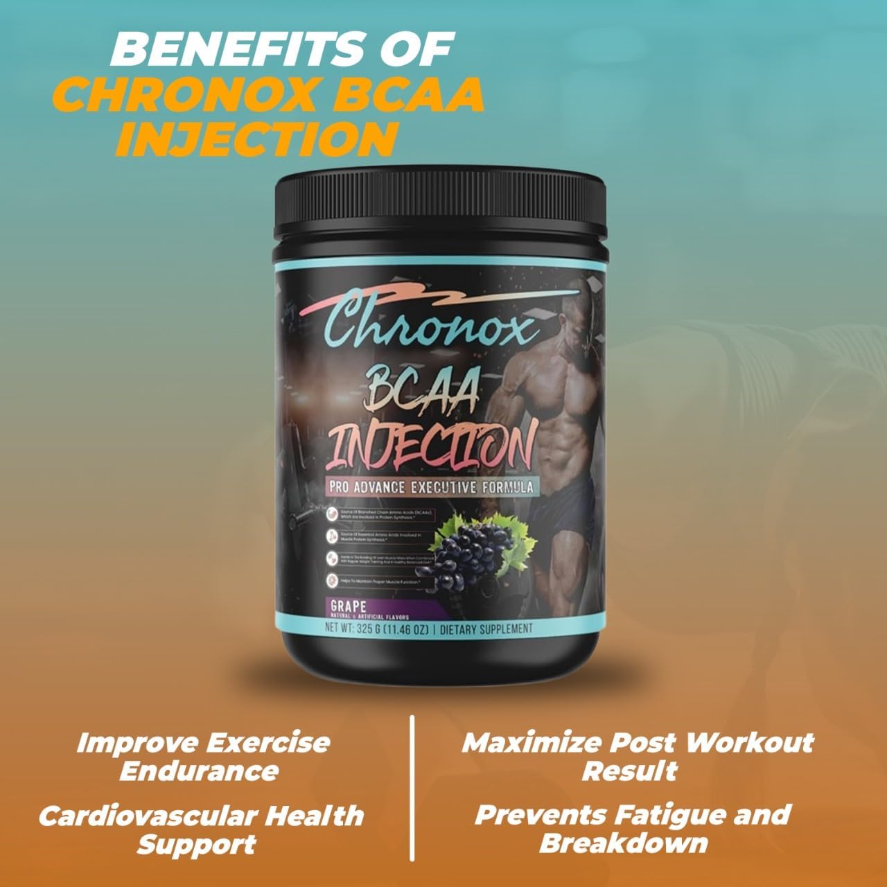 Grape Flavored Chronox BCAA Amino-Acids Powder for Pre & Post Workout - Sugar & Stimulant-Free Protein Supplement (11.46 Oz)