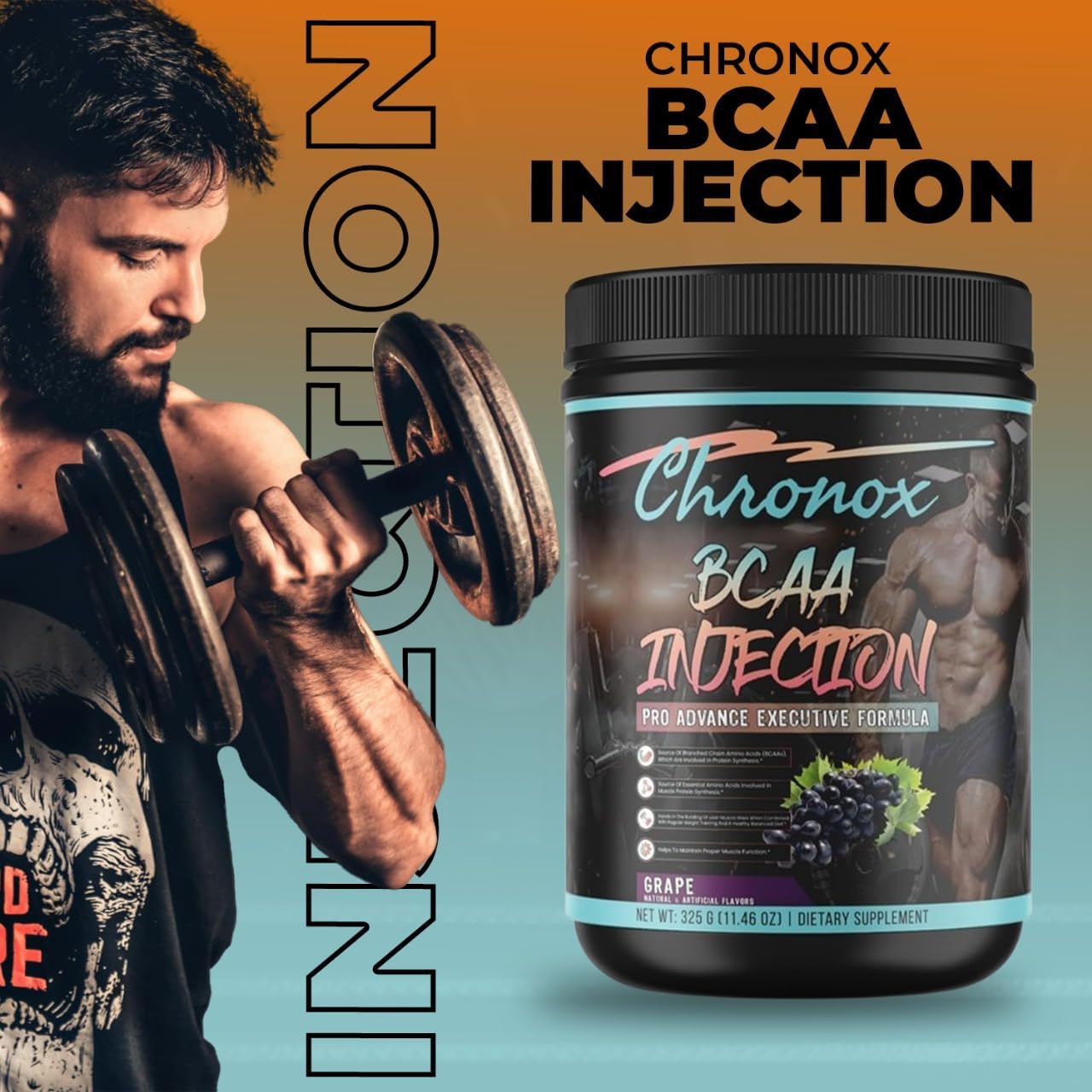Grape Flavored Chronox BCAA Amino-Acids Powder for Pre & Post Workout - Sugar & Stimulant-Free Protein Supplement (11.46 Oz)