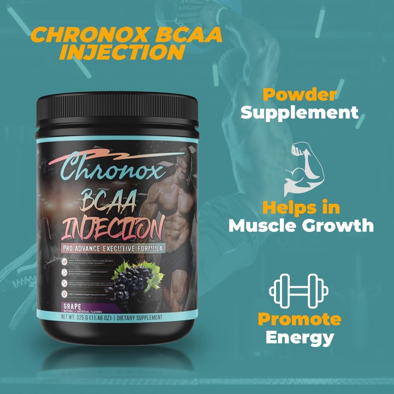 Grape Flavored Chronox BCAA Amino-Acids Powder for Pre & Post Workout - Sugar & Stimulant-Free Protein Supplement (11.46 Oz)