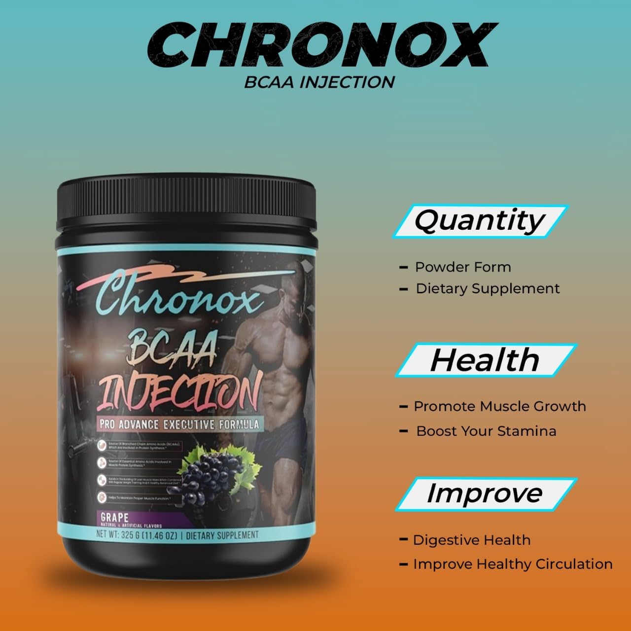 Grape Flavored Chronox BCAA Amino-Acids Powder for Pre & Post Workout - Sugar & Stimulant-Free Protein Supplement (11.46 Oz)