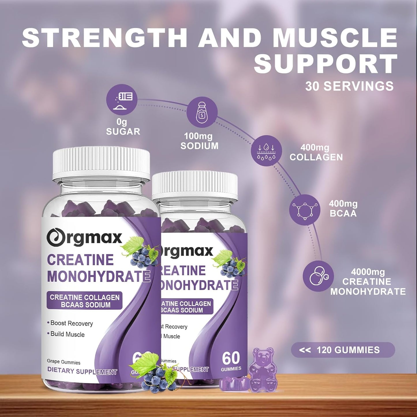 Grape Flavored Creatine Gummies with Collagen & BCAA for Muscle Strength - 2 Pack
