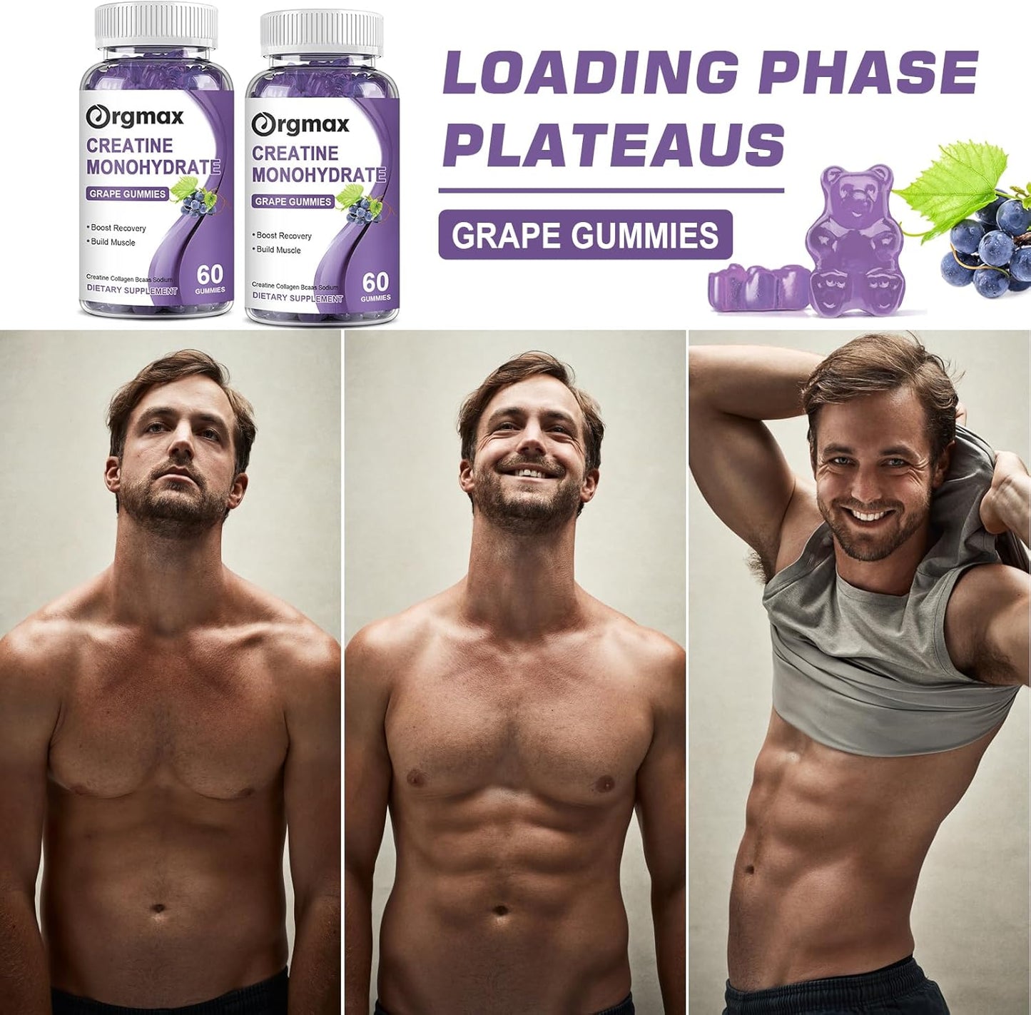 Grape Flavored Creatine Gummies with Collagen & BCAA for Muscle Strength - 2 Pack