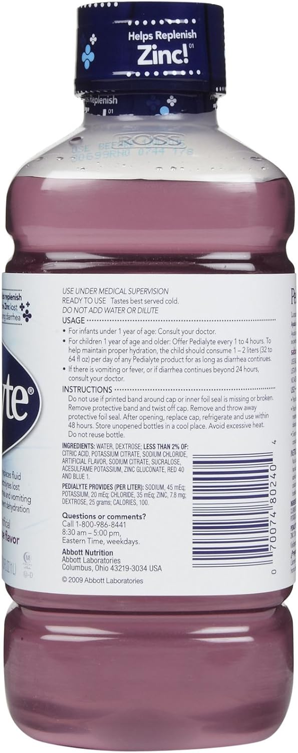 Grape Flavored Pedialyte Electrolyte Solution - 1 Liter Bottle for Hydration