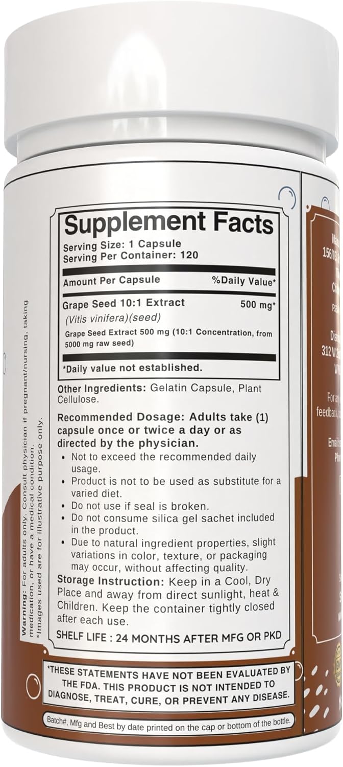 Grape Seed Capsules 500mg | Powerful Vitis Vinifera Seed Extract | Herbal Supplement | Non-GMO, Gluten-Free (120 Count)