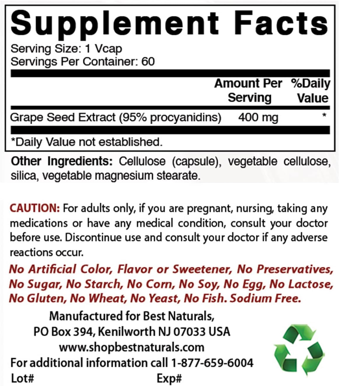 Grape Seed Extract 400mg - 180 Vcaps - Best Naturals - Pack of 3