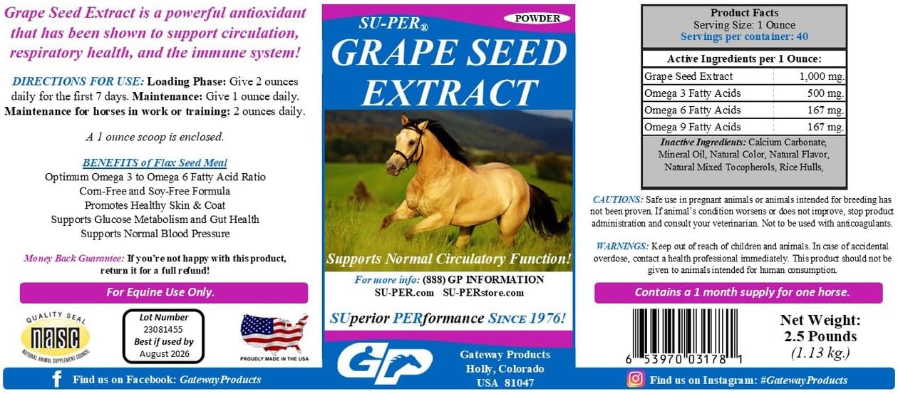 Grape Seed Extract Equine Antioxidant Supplement for Performance Horses - Supports Circulation, Respiratory Health & Immune System - 2.5 lbs (2 Pack)