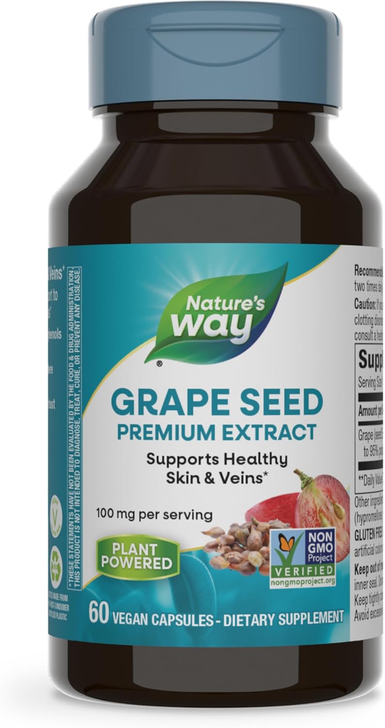 Grape Seed Premium Extract Capsules for Healthy Skin & Veins, Antioxidant Support, Non-GMO, 60 Vegan Capsules