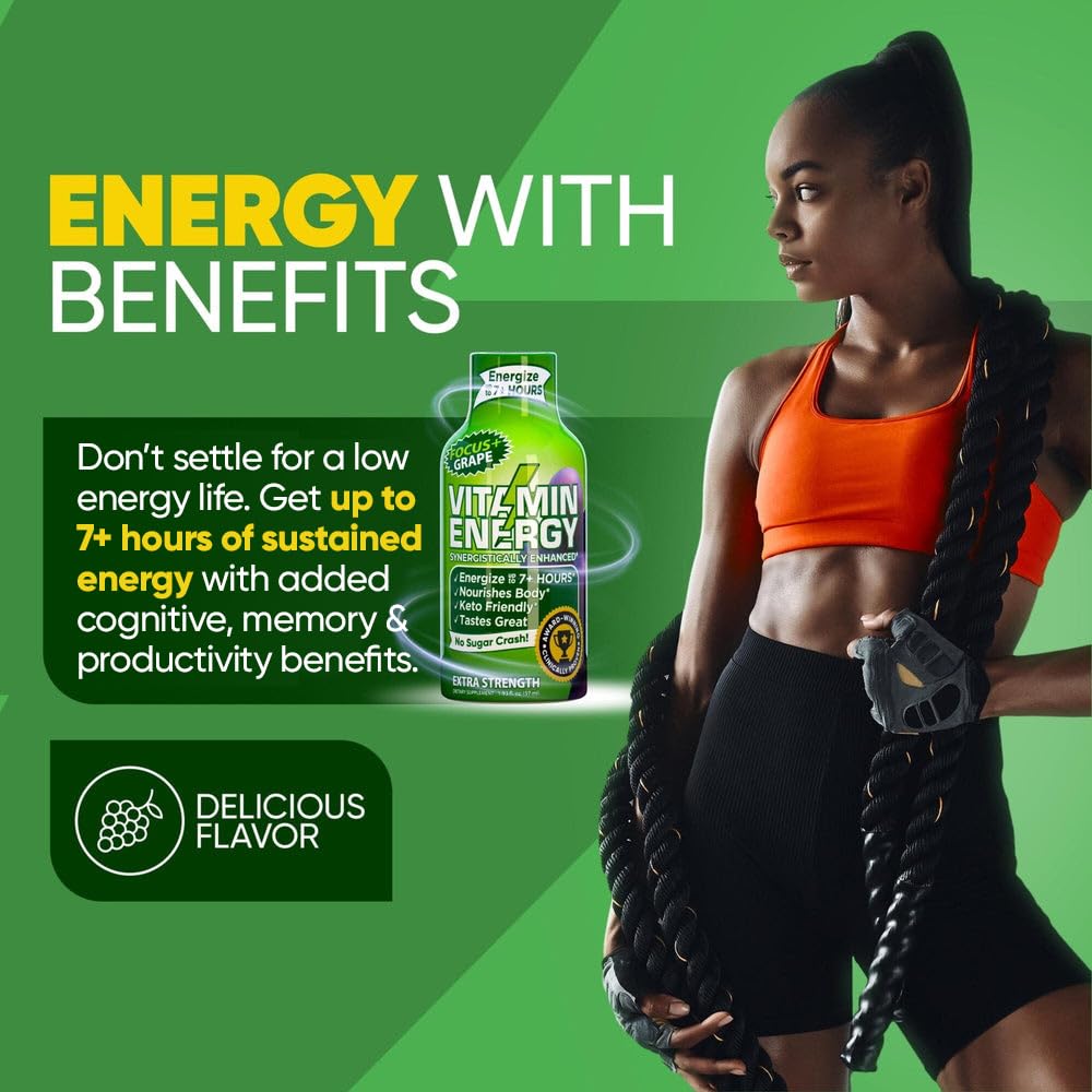 Grape Vitamin Energy Focus+ Shots - Natural Sugar-Free Supplement with Vitamins B6, B12, Niacin, L-Theanine, CoQ10 for 7+ Hrs of Energy & Focus - 12 Ct