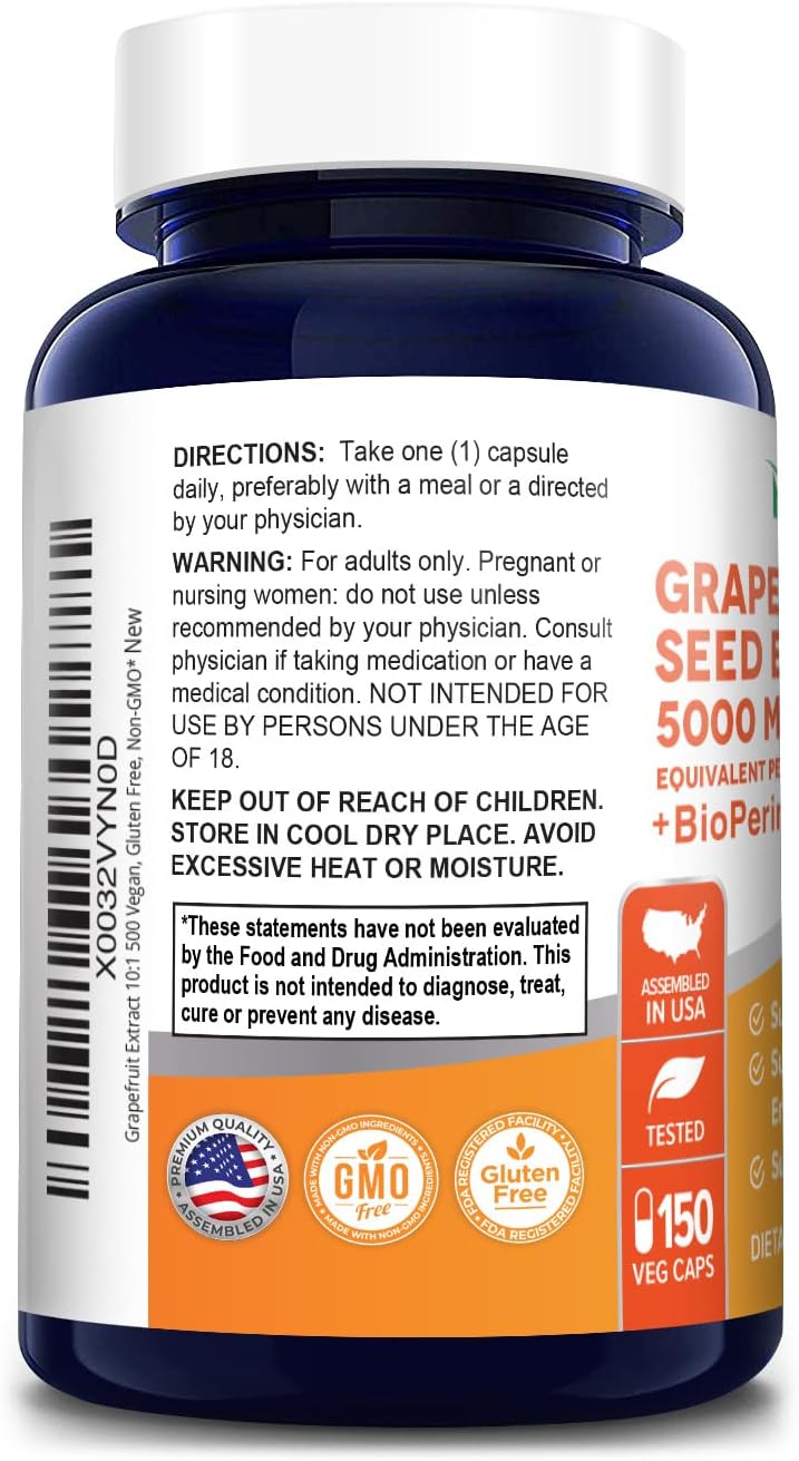 Grapefruit Extract Capsules 5,000mg (10:1 Extract) with Bioperine - 150 Veggie Caps, Vegan & Gluten-Free