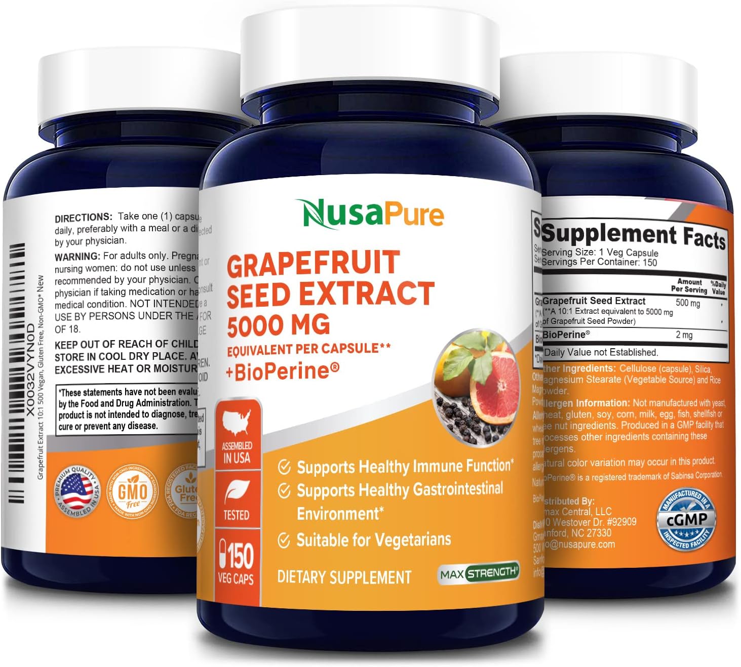 Grapefruit Extract Capsules 5,000mg (10:1 Extract) with Bioperine - 150 Veggie Caps, Vegan & Gluten-Free