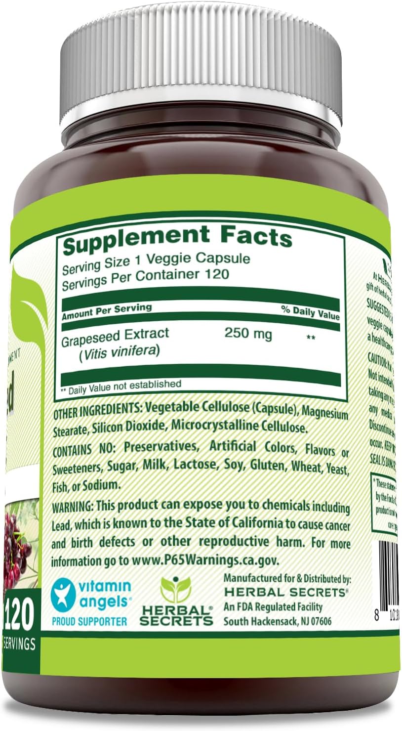 Grapeseed Extract Supplement 250mg - 120 Veggie Capsules - Non-GMO & Gluten-Free - USA Made Herbal Secrets