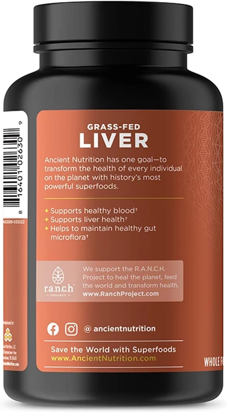 Grass-Fed and Wild Organ Complex Capsules by Ancient Nutrition - Beef & Lamb Liver Supplement for Healthy Blood, Gut, and Liver - 180 Ct