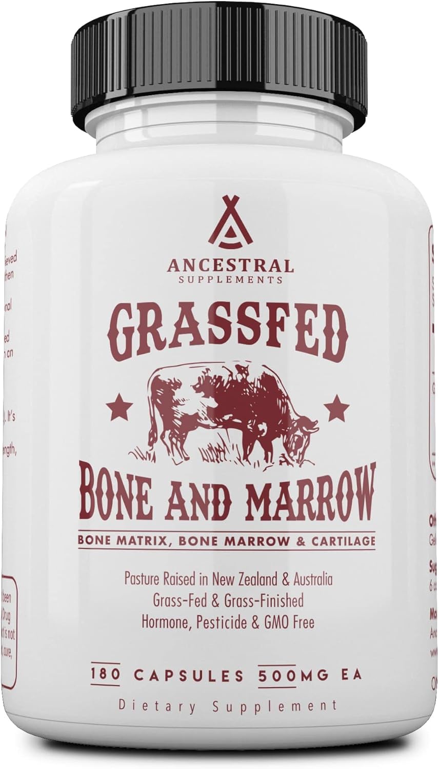 Grass Fed Beef Bone and Marrow Supplement for Skin, Oral Health, and Joint Support - 3000mg, Non GMO Whole Bone Extract - 180 Capsules