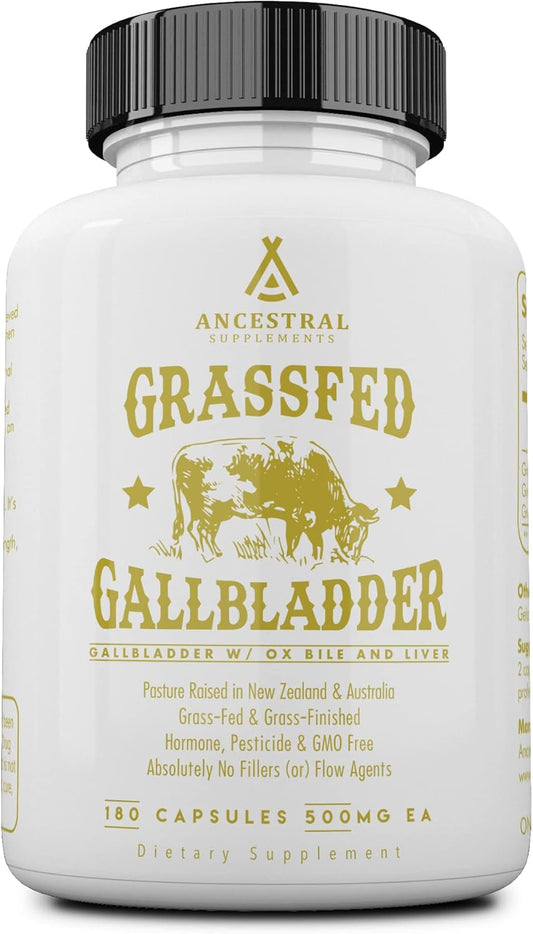Grass Fed Beef Gallbladder Supplements with Ox Bile and Liver - 1000mg, 180 Capsules for Digestive Health & Bile Flow