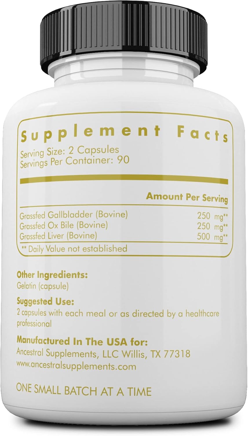 Grass Fed Beef Gallbladder Supplements with Ox Bile and Liver - 1000mg, 180 Capsules for Digestive Health & Bile Flow
