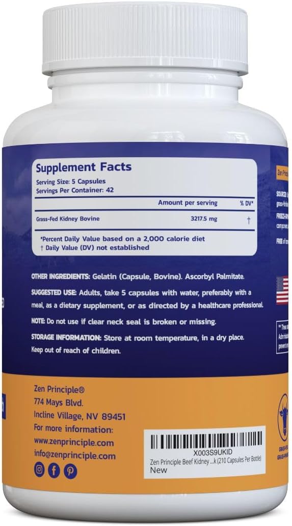 Grass Fed Beef Kidney Supplement, 420 Capsules, 3250mg - Rich in Selenium, B12, and DAO Enzyme for Histamine and Thyroid Health