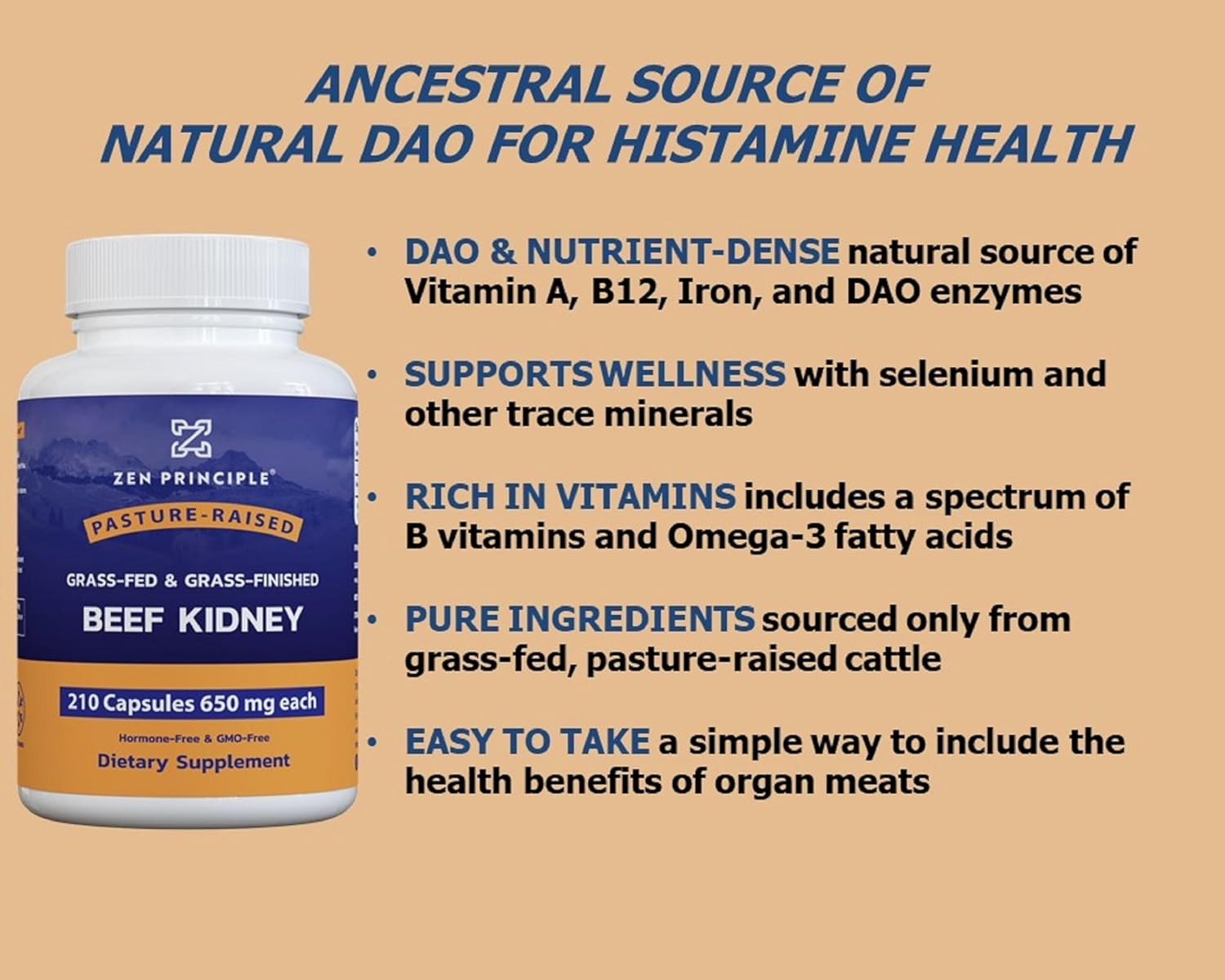 Grass Fed Beef Kidney Supplement, 420 Capsules, 3250mg - Rich in Selenium, B12, and DAO Enzyme for Histamine and Thyroid Health