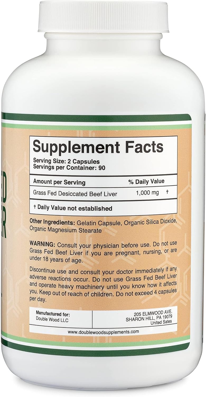 Grass Fed Beef Liver Capsules - 1,000mg, 180 Capsules, 3 Month Supply - Digestion, Immune Health, Energy, Wellness - Double Wood