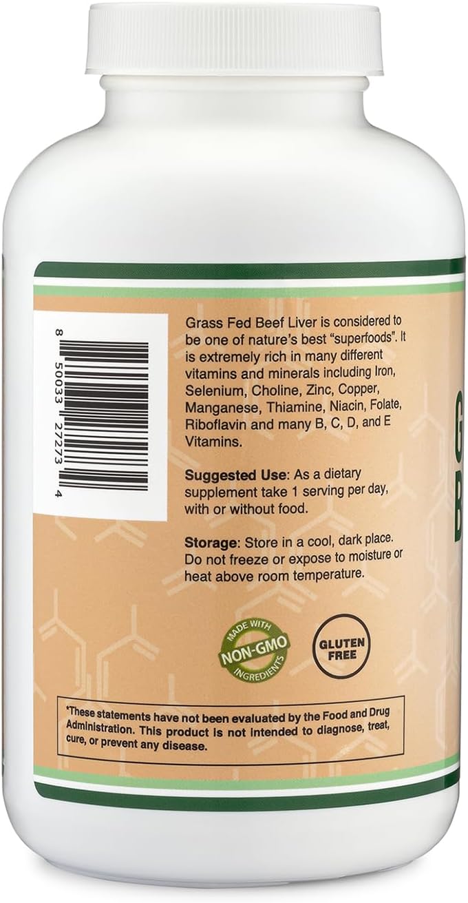 Grass Fed Beef Liver Capsules - 1,000mg, 180 Capsules, 3 Month Supply - Digestion, Immune Health, Energy, Wellness - Double Wood