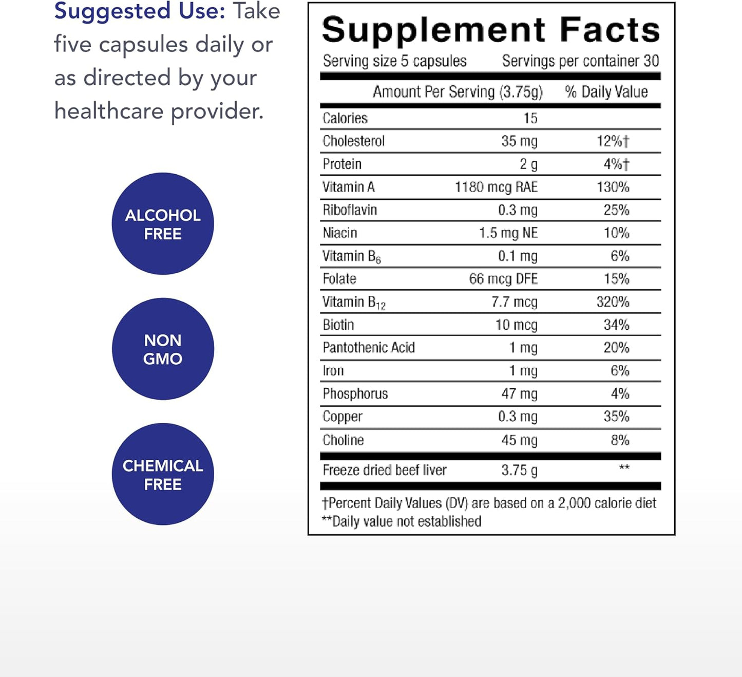 Grass-Fed Beef Liver Capsules - 150 Count - Rich in Iron, Vitamin A & B12 - Non-GMO with No Additives - 30 Servings