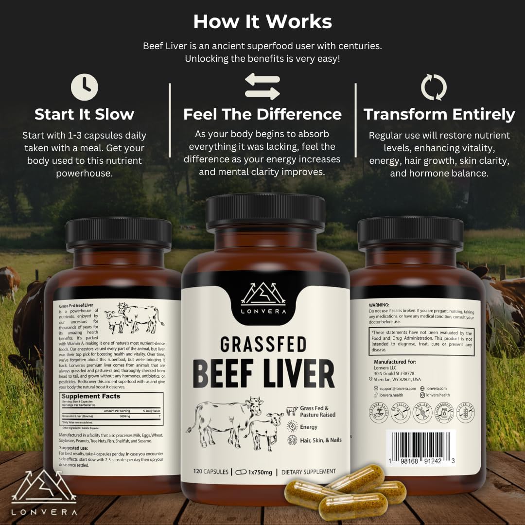 Grass Fed Beef Liver Capsules - 3000mg, 120 Count - Freeze Dried Liver Supplement with 30 Servings