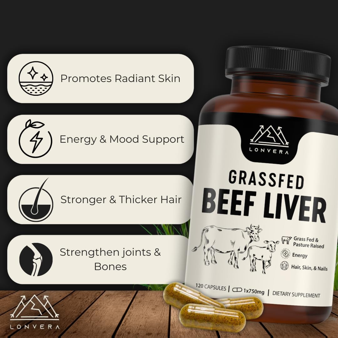 Grass Fed Beef Liver Capsules - 3000mg, 120 Count - Freeze Dried Liver Supplement with 30 Servings