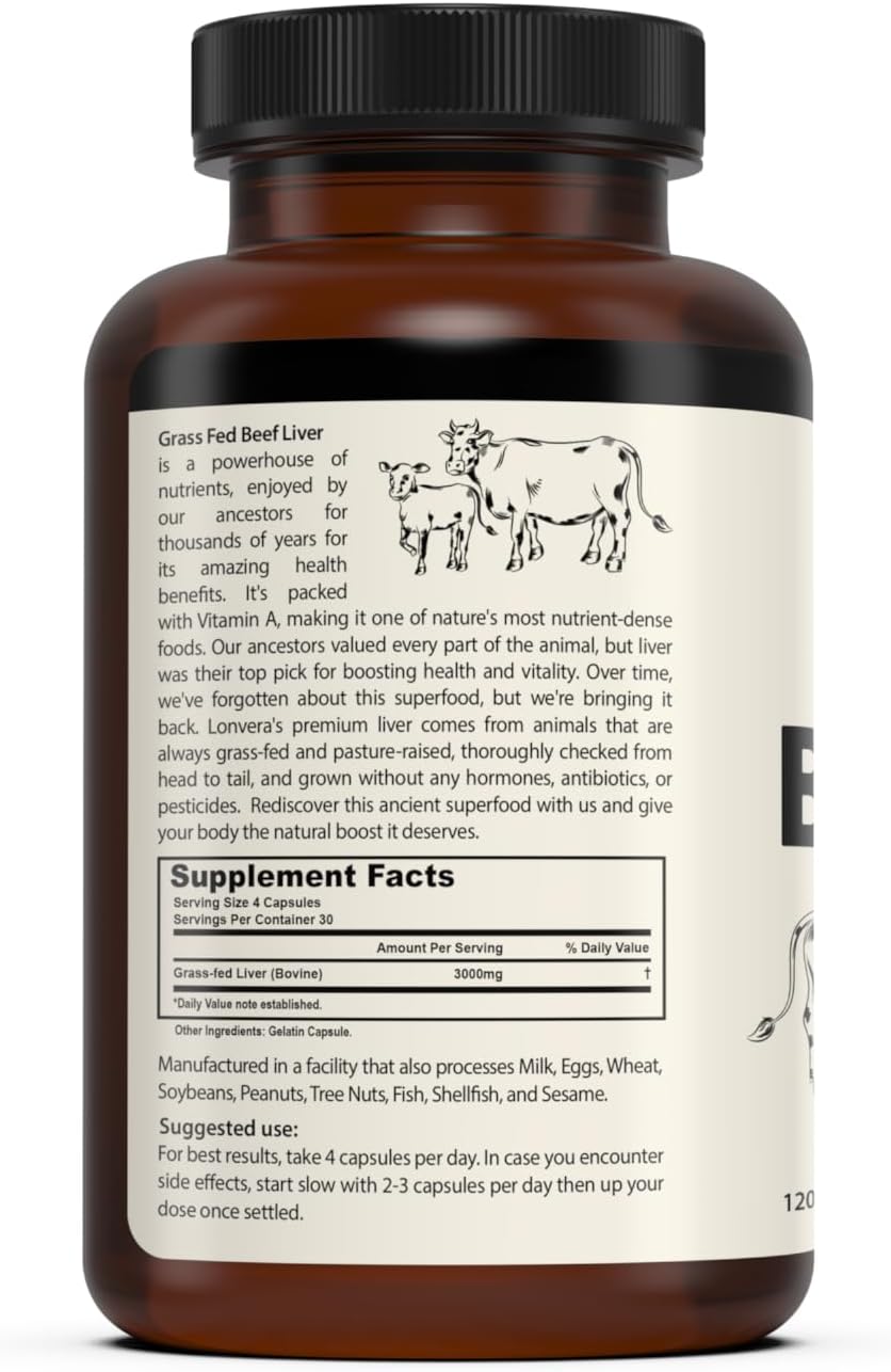 Grass Fed Beef Liver Capsules - 3000mg, 120 Count - Freeze Dried Liver Supplement with 30 Servings