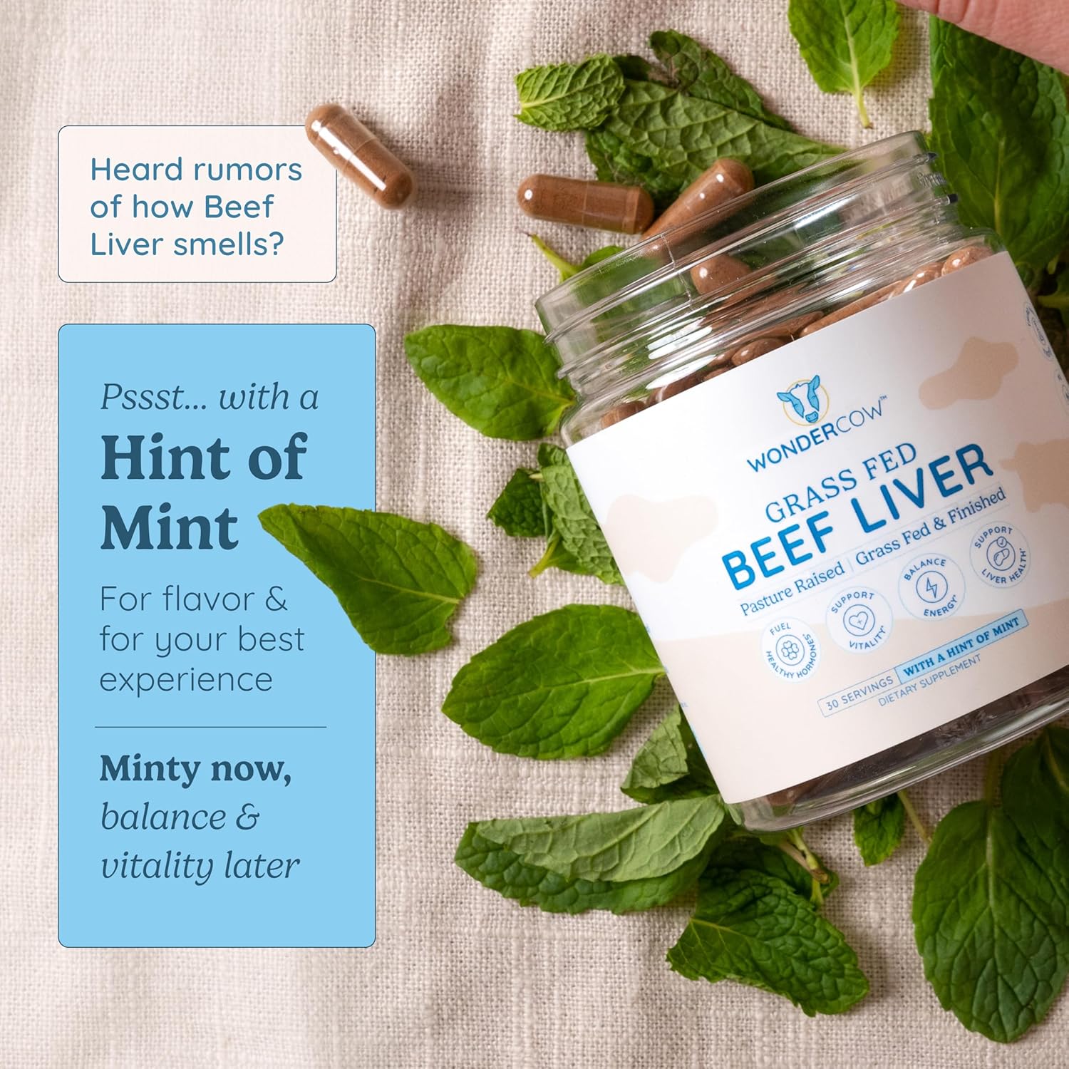 Grass Fed Beef Liver Capsules - Natural Protein & Iron Source, Energy & Immunity Booster | USA Grown, Non-GMO, Gluten Free - Wondercow