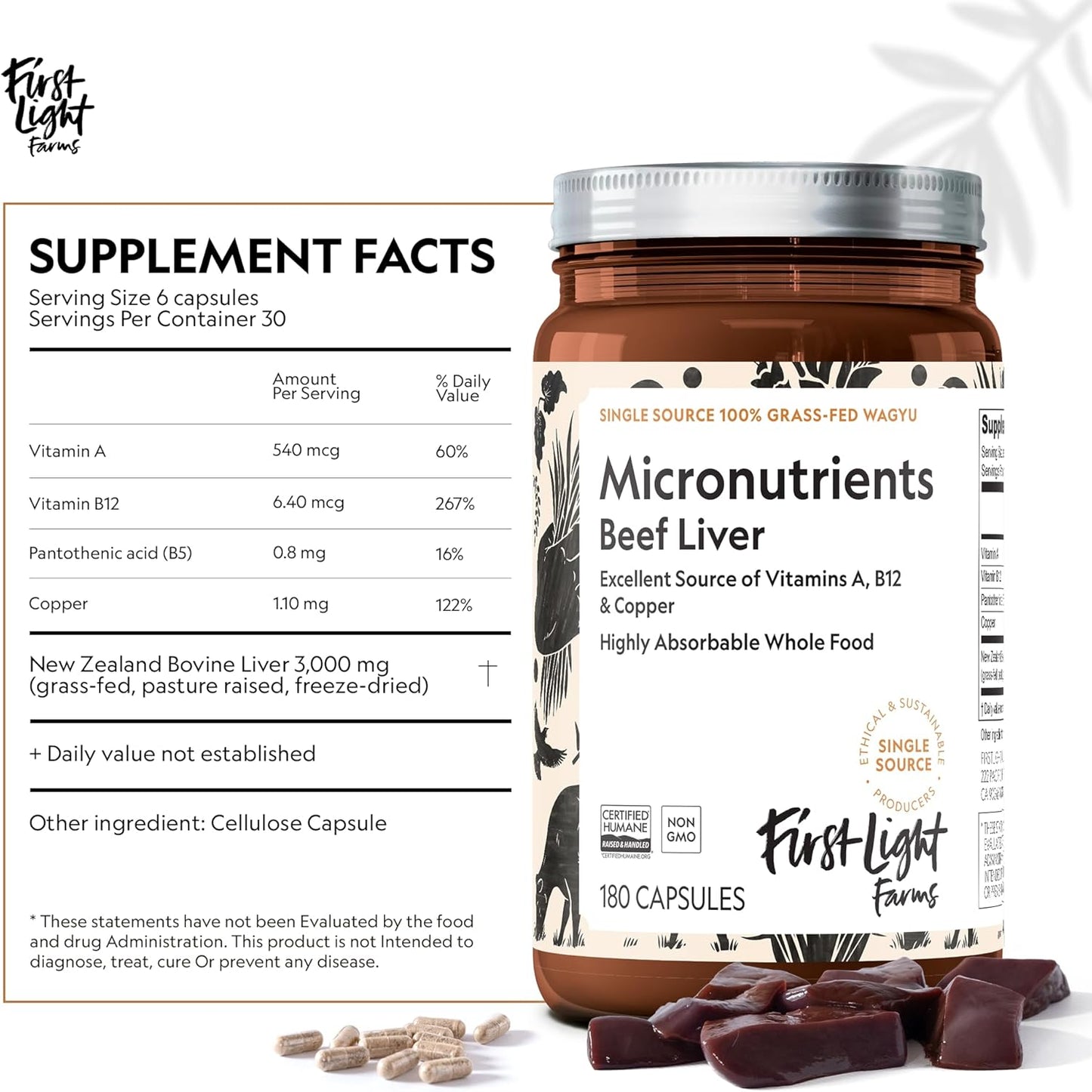 Grass-Fed Beef Liver Capsules - Nutrient-Dense Whole Food Nutrition | Freeze-Dried, Grassfed, Certified Humane | 180 Capsules for Energy, Immunity, Wellness