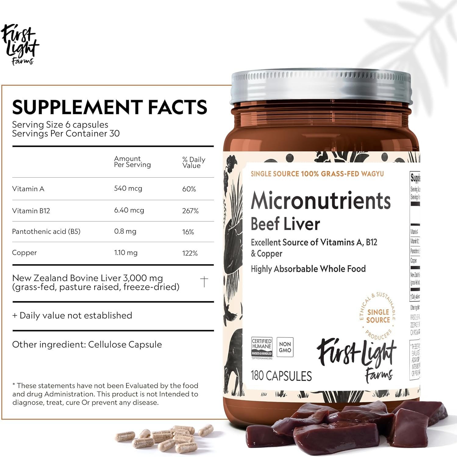 Grass-Fed Beef Liver Capsules - Nutrient-Dense Whole Food Nutrition | Freeze-Dried, Grassfed, Certified Humane | 180 Capsules for Energy, Immunity, Wellness