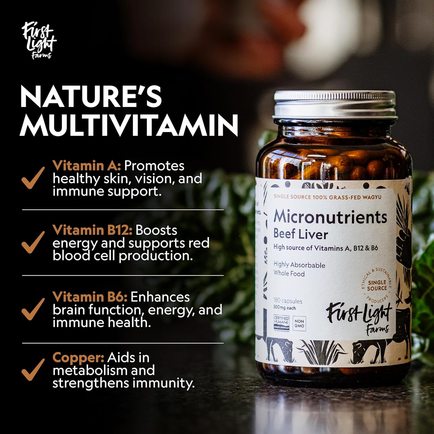 Grass-Fed Beef Liver Capsules - Nutrient-Dense Whole Food Nutrition | Freeze-Dried, Grassfed, Certified Humane | 180 Capsules for Energy, Immunity, Wellness