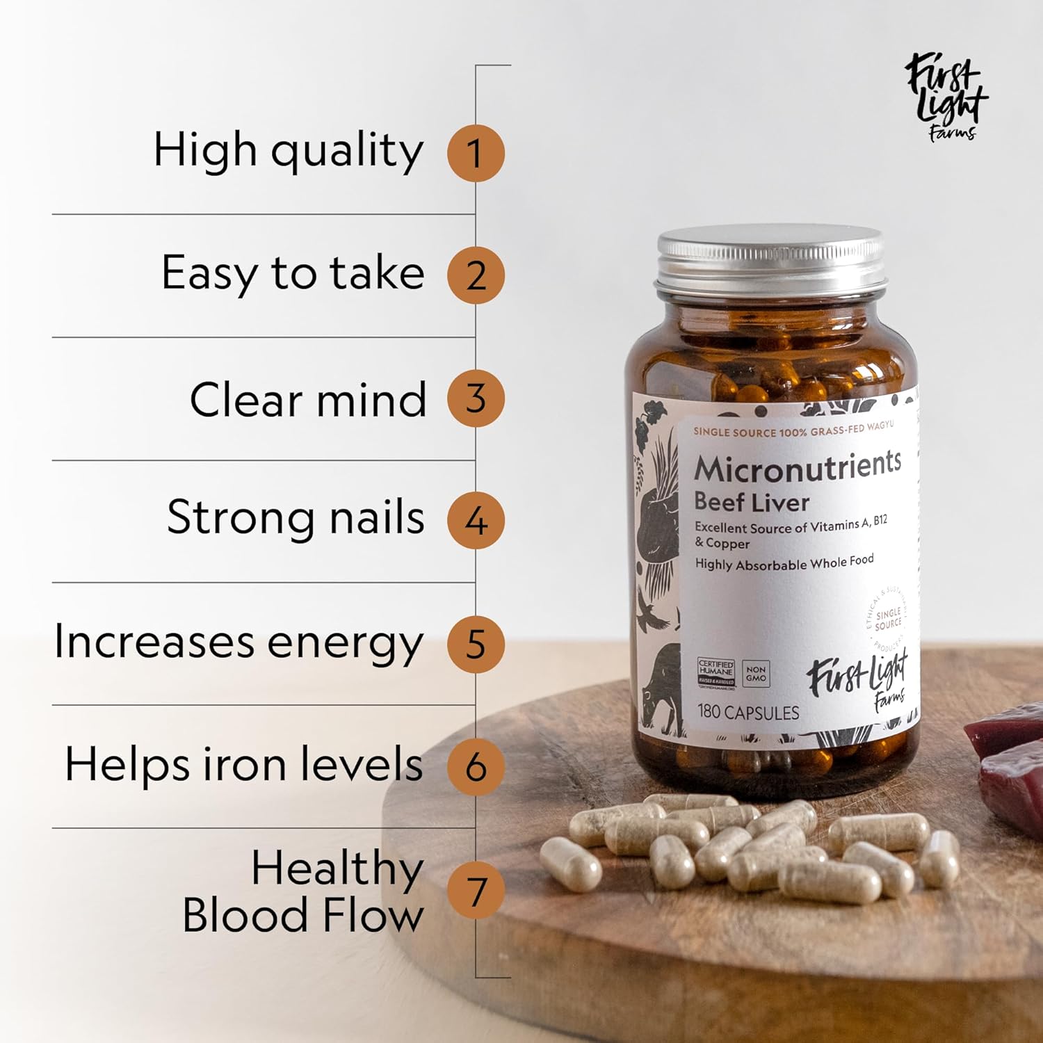 Grass-Fed Beef Liver Capsules - Nutrient-Dense Whole Food Nutrition | Freeze-Dried, Grassfed, Certified Humane | 180 Capsules for Energy, Immunity, Wellness