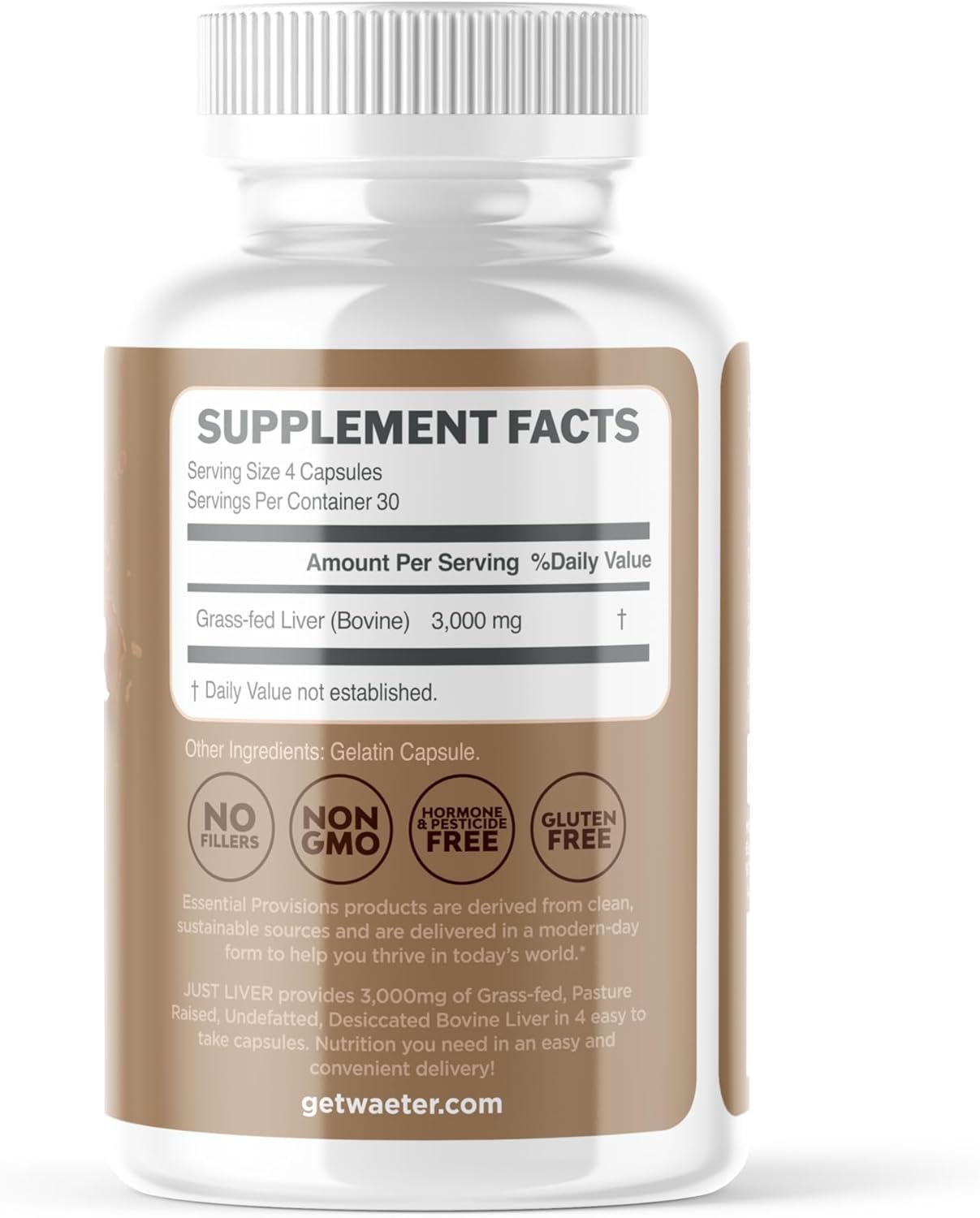 Grass-Fed Beef Liver Capsules, 3,000mg per Serving, 120 Count - Essential Provisions