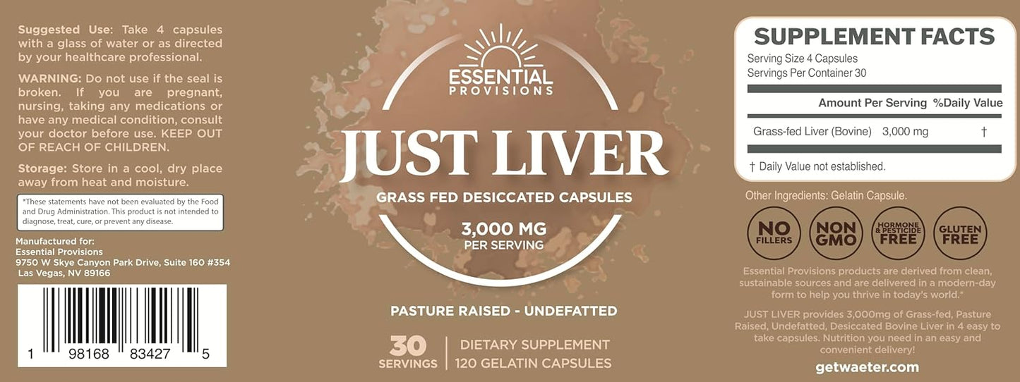 Grass-Fed Beef Liver Capsules, 3,000mg per Serving, 120 Count - Essential Provisions
