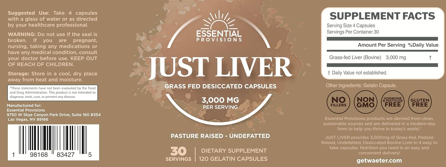 Grass-Fed Beef Liver Capsules, 3,000mg per Serving, 120 Count - Essential Provisions
