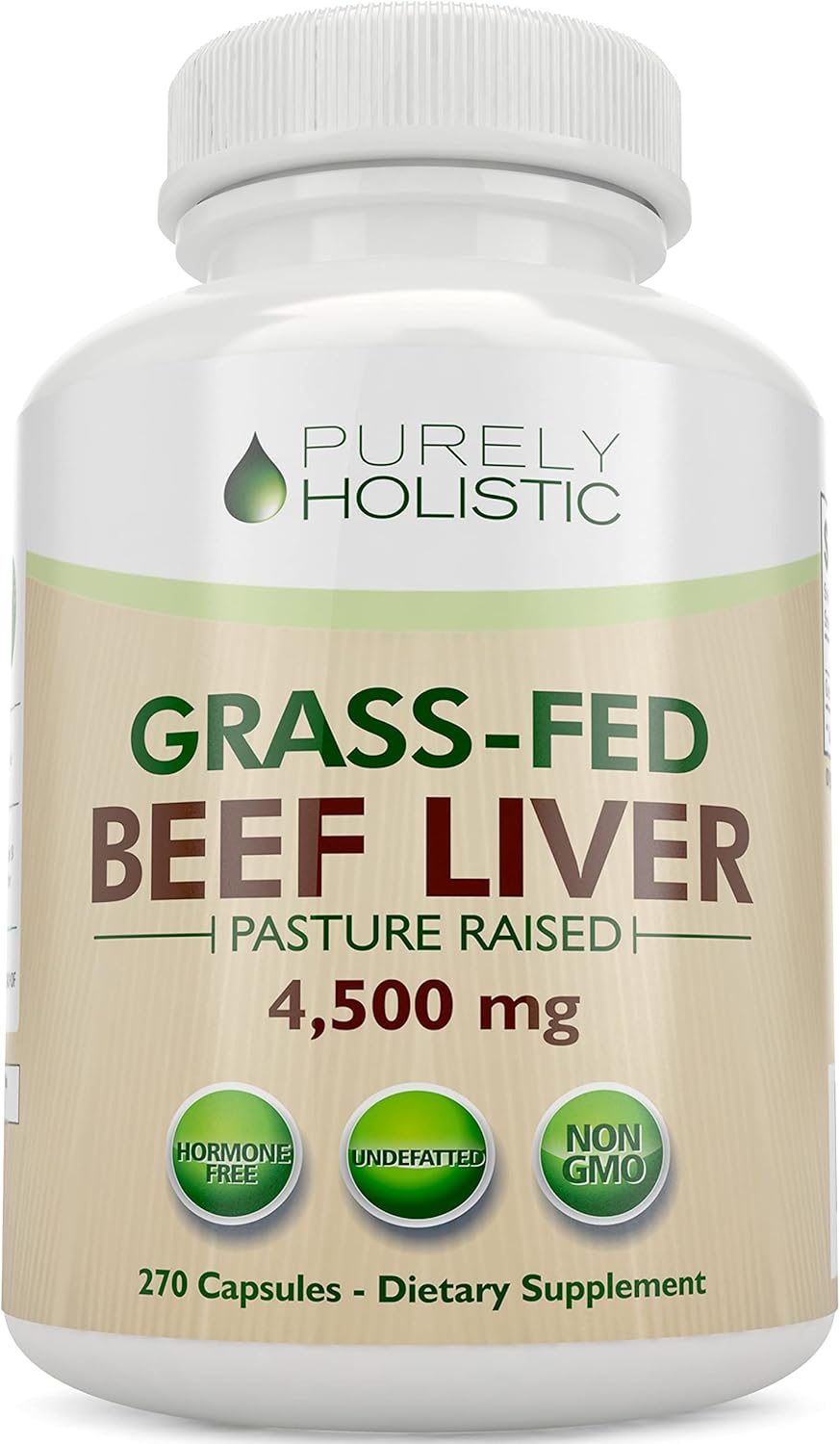 Grass Fed Beef Liver Capsules 4500mg - 270 Capsules, 750mg Each - Desiccated Liver Supplement - Non GMO Grassfed Source of Iron, CoQ10, Vitamins A & B12