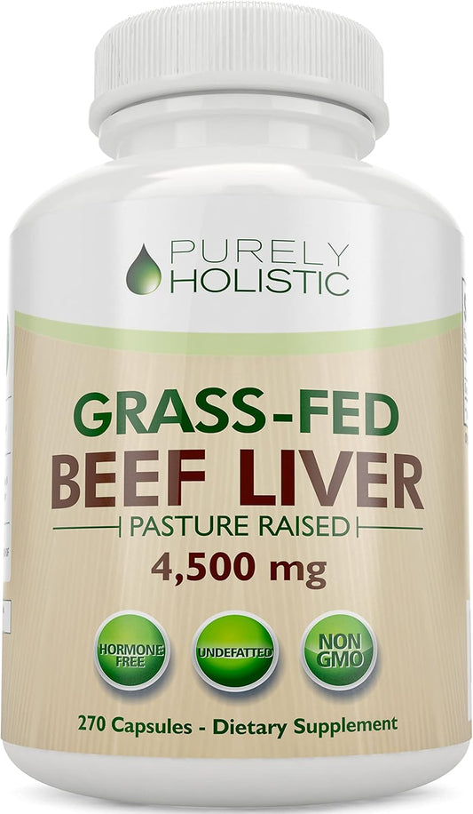Grass Fed Beef Liver Capsules 4500mg - 270 Capsules, 750mg Each - Desiccated Liver Supplement - Non GMO Grassfed Source of Iron, CoQ10, Vitamins A & B12