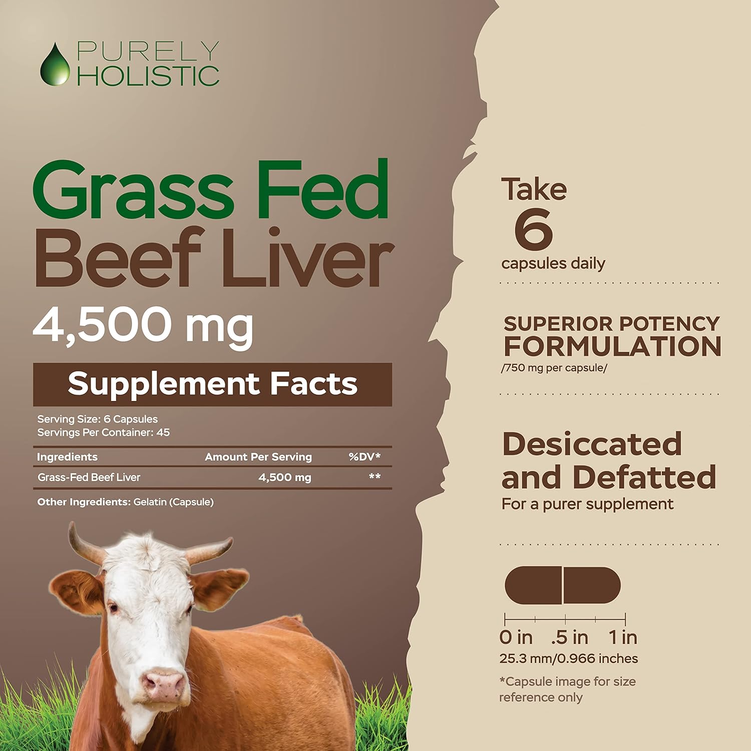 Grass Fed Beef Liver Capsules 4500mg - 270 Capsules, 750mg Each - Desiccated Liver Supplement - Non GMO Grassfed Source of Iron, CoQ10, Vitamins A & B12