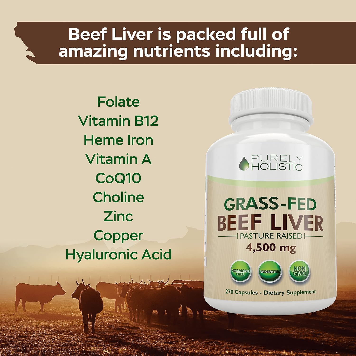 Grass Fed Beef Liver Capsules 4500mg - 270 Capsules, 750mg Each - Desiccated Liver Supplement - Non GMO Grassfed Source of Iron, CoQ10, Vitamins A & B12