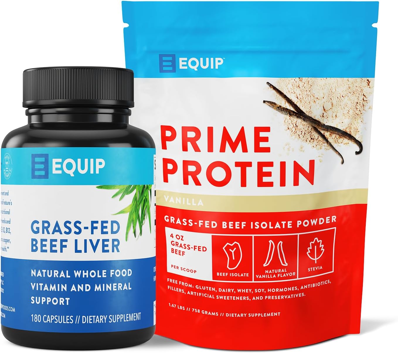 Grass-Fed Beef Liver Capsules and Prime Protein Powder Vanilla by Equip Foods