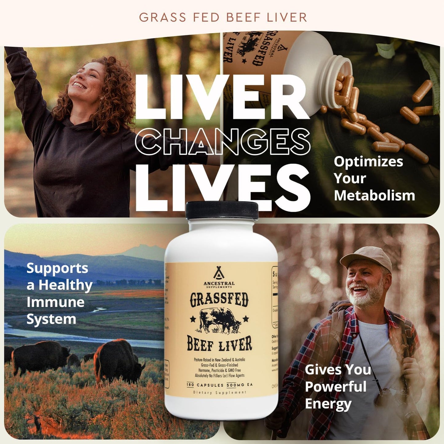Grass Fed Beef Liver Capsules for Energy, Detox, Digestion & Immunity - 180 Count, Non-GMO, Freeze Dried Liver Supplement