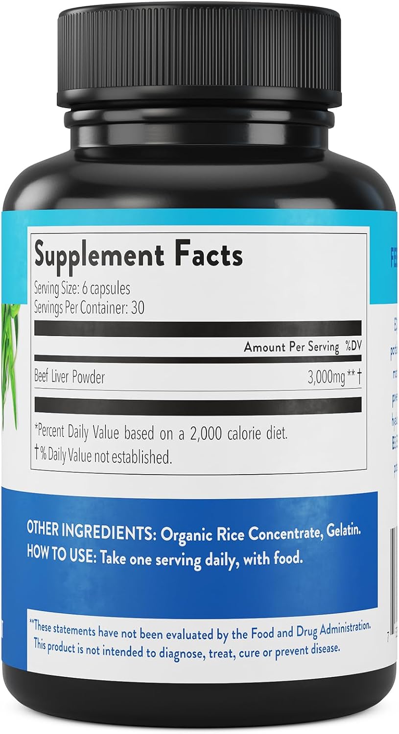 Grass-Fed Beef Liver Capsules for Heart, Brain, and Digestive Health - 180 Capsules, 30 Servings