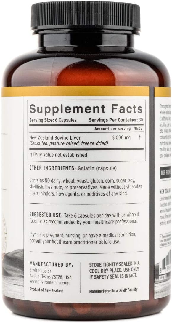 Grass-Fed Beef Liver Capsules for Natural Energy Boost (180ct) from New Zealand Bovine - Enviromedica Freeze Dried with Preformed Vitamin A