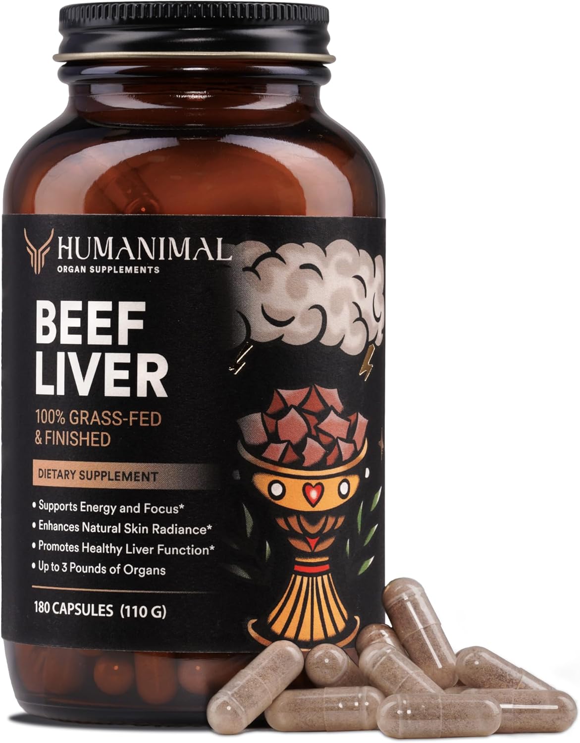 Grass-Fed Beef Liver Capsules | Nutrient-Dense Supplement for Energy & Skin Health | 100% Freeze-Dried, Non-GMO | Supports Liver Function | 180 Capsules