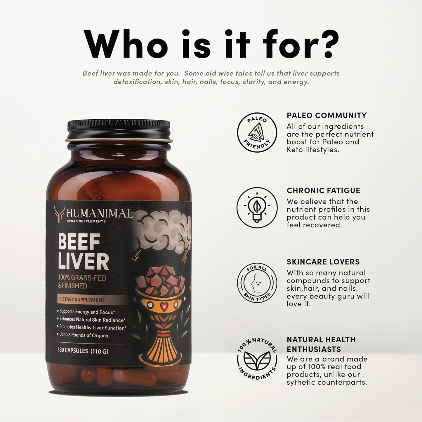 Grass-Fed Beef Liver Capsules | Nutrient-Dense Supplement for Energy & Skin Health | 100% Freeze-Dried, Non-GMO | Supports Liver Function | 180 Capsules