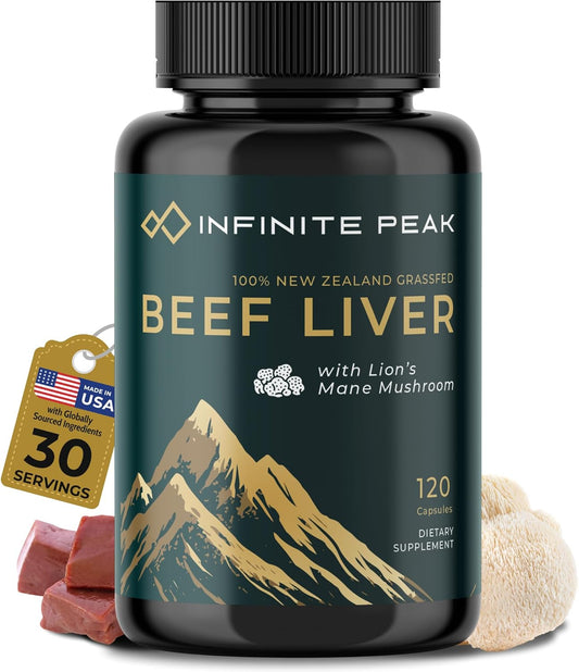 Grass Fed Beef Liver Capsules with Lions Mane for Energy, Focus, and Memory - Supports Full Body Wellness - Freeze Dried Beef Organs Supplement - 30 Servings