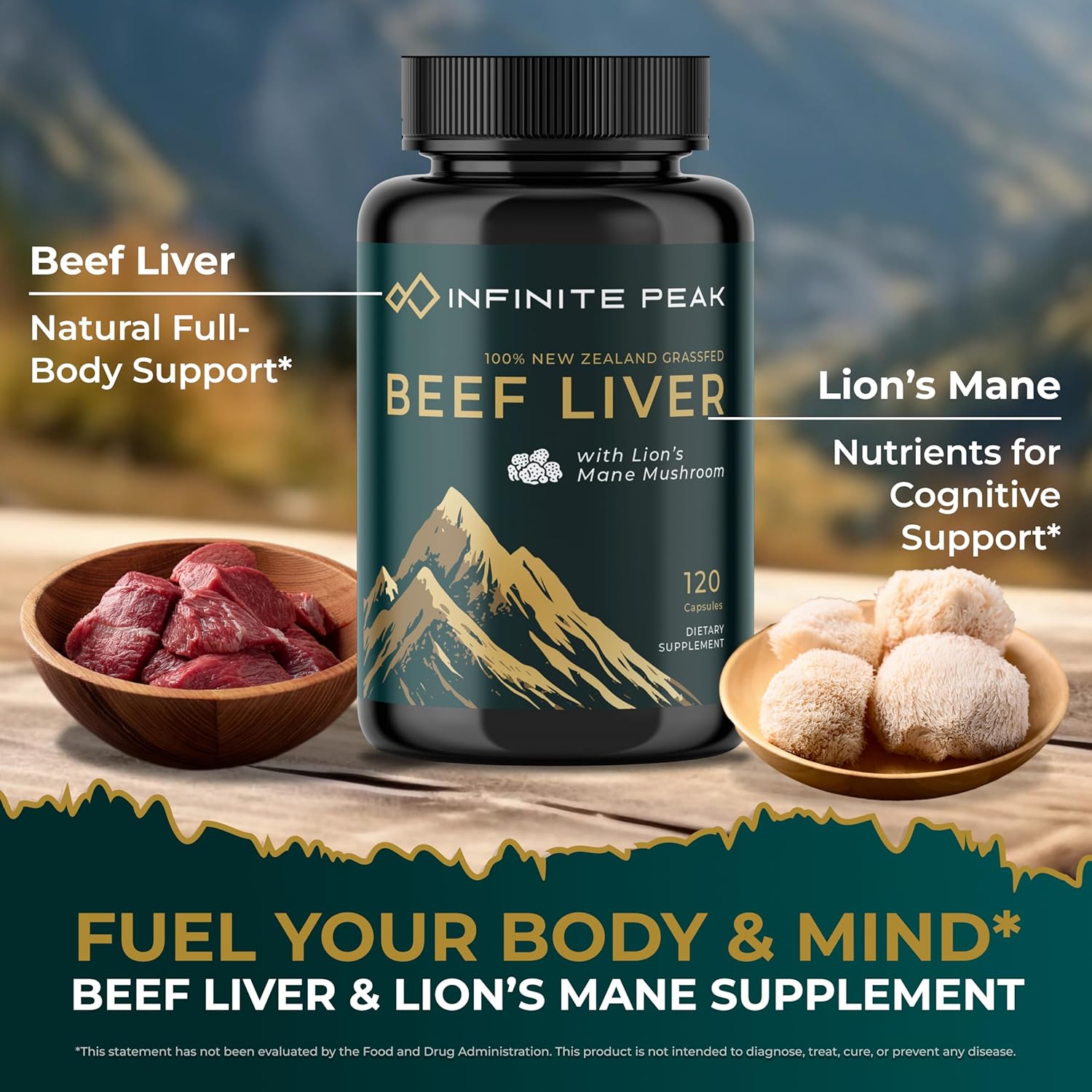 Grass Fed Beef Liver Capsules with Lions Mane for Energy, Focus, and Memory - Supports Full Body Wellness - Freeze Dried Beef Organs Supplement - 30 Servings