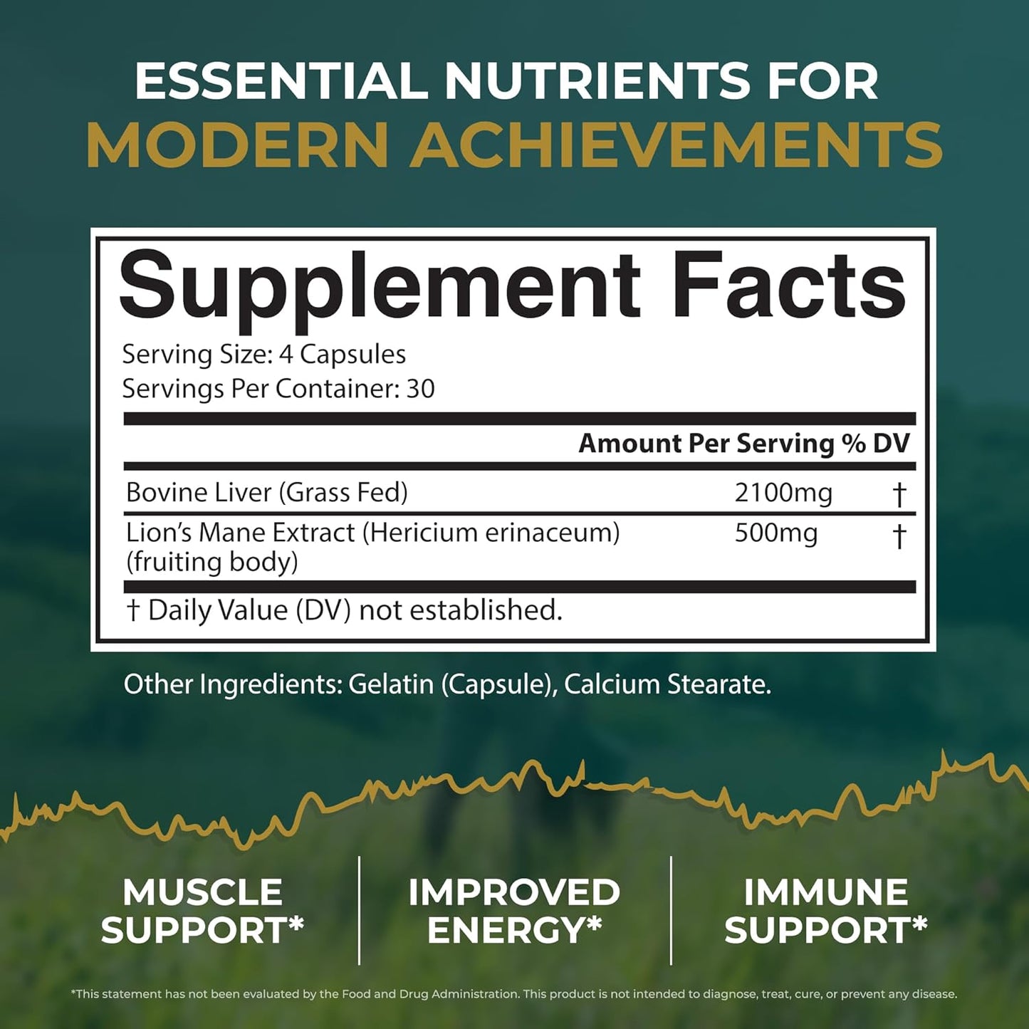Grass Fed Beef Liver Capsules with Lions Mane for Energy, Focus, and Memory - Supports Full Body Wellness - Freeze Dried Beef Organs Supplement - 30 Servings
