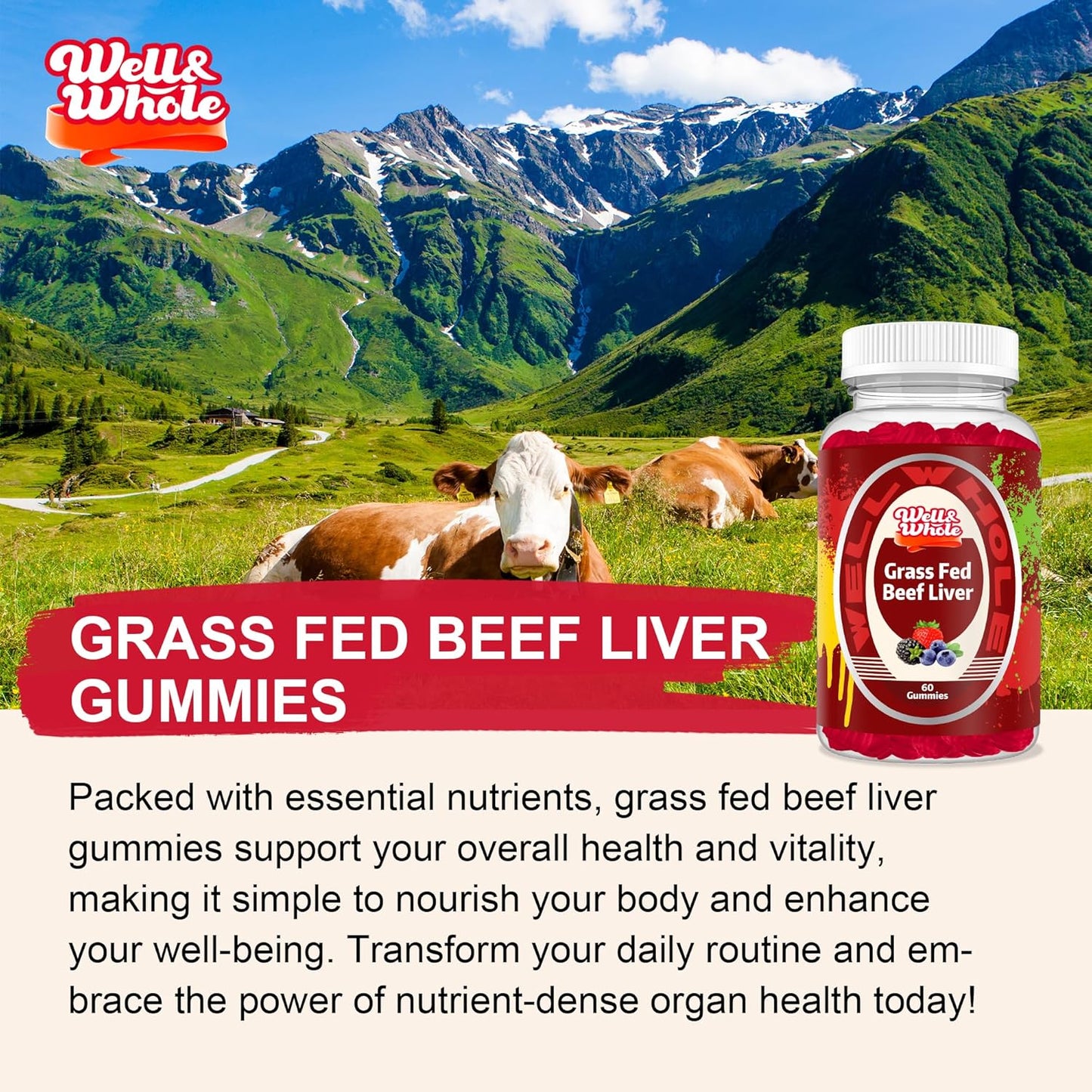 Grass Fed Beef Liver Gummies for Energy & Immunity - Non GMO, Gluten Free, 60 Count