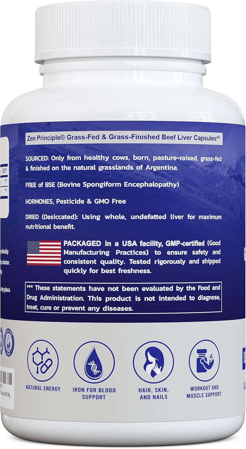 Grass-Fed Beef Liver Supplement, Natural Energy Source with Iron & Protein, 360 Capsules, Non-GMO & Hormone-Free